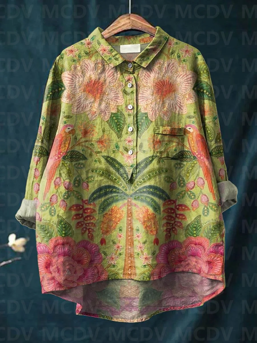 Printed Floral Shirt - Женская винтажная повседневная льняная рубашка с